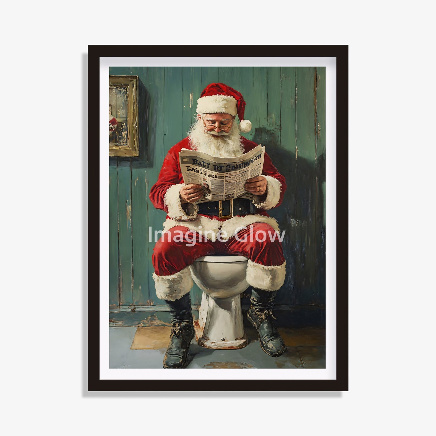 Vintage Santa Claus reading newspaper in toilet artwork