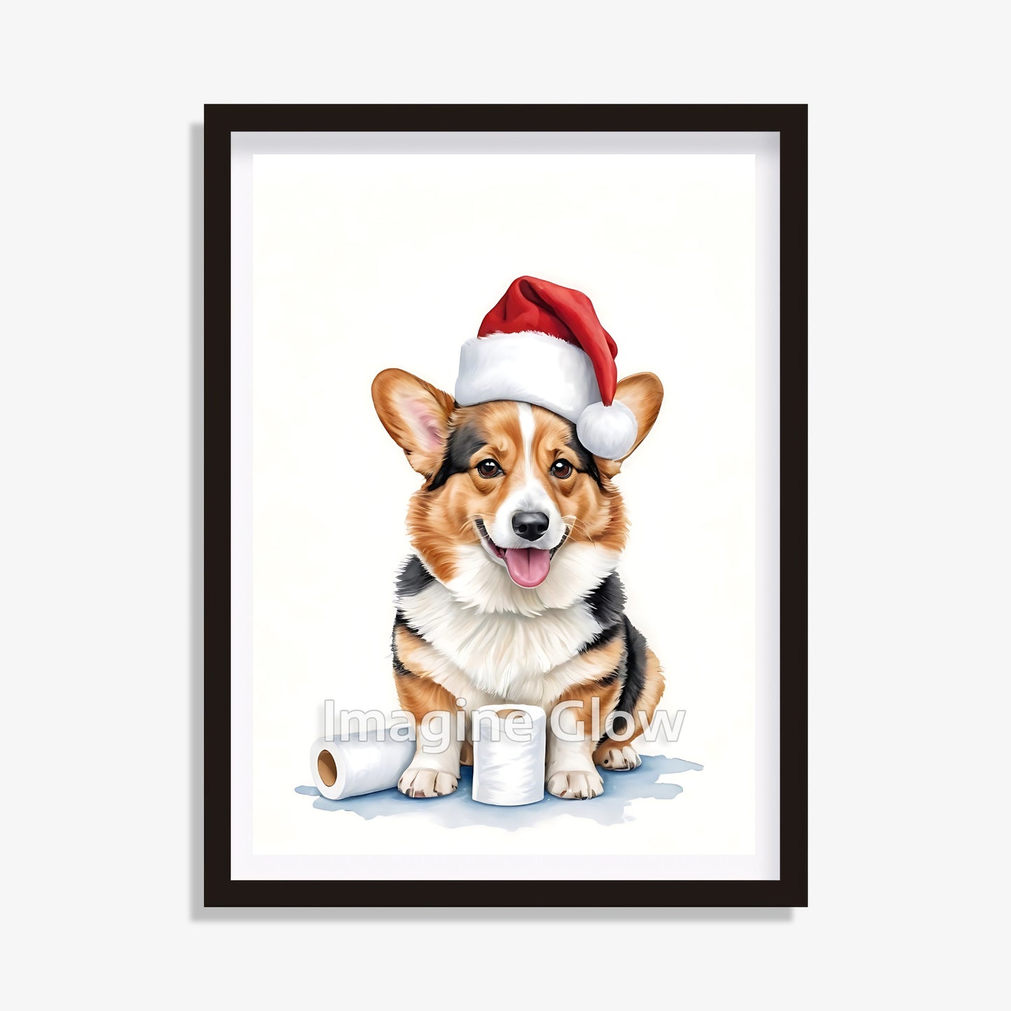 Festive holiday decor featuring a Welsh Corgi dog in a toilet, available as printable art.