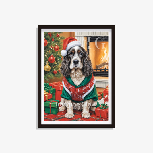 Festive wall art featuring a Cocker Spaniel dog in Christmas attire