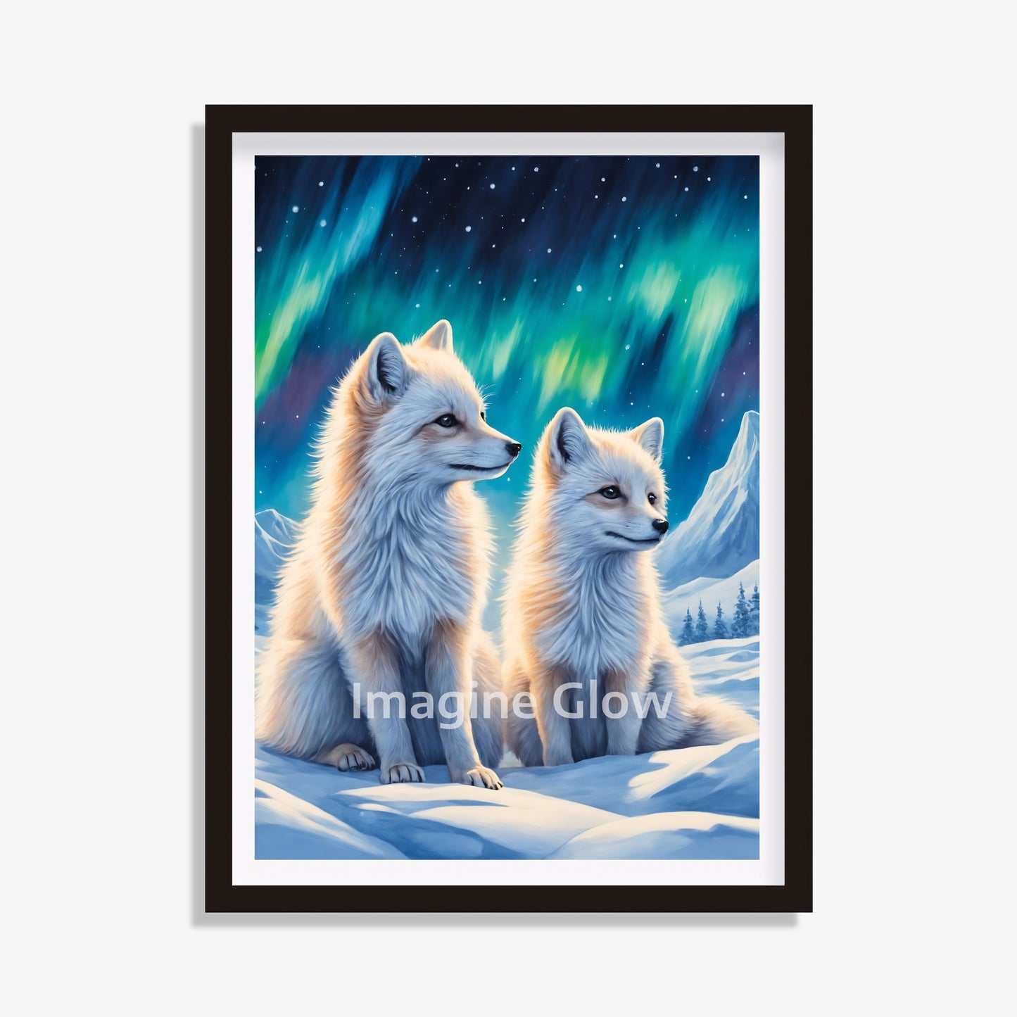 Arctic fox in Northern Lights scenery, printable animal wall art.