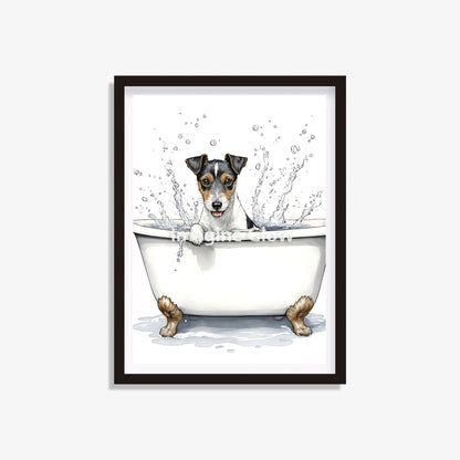 Jack Russell Terrier dog in bathtub printable featuring a cute and colorful illustration