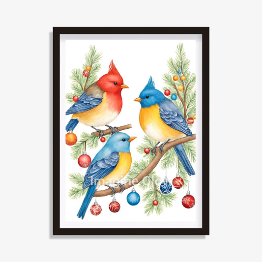 Festive Christmas bird art print with winter-themed decorations.