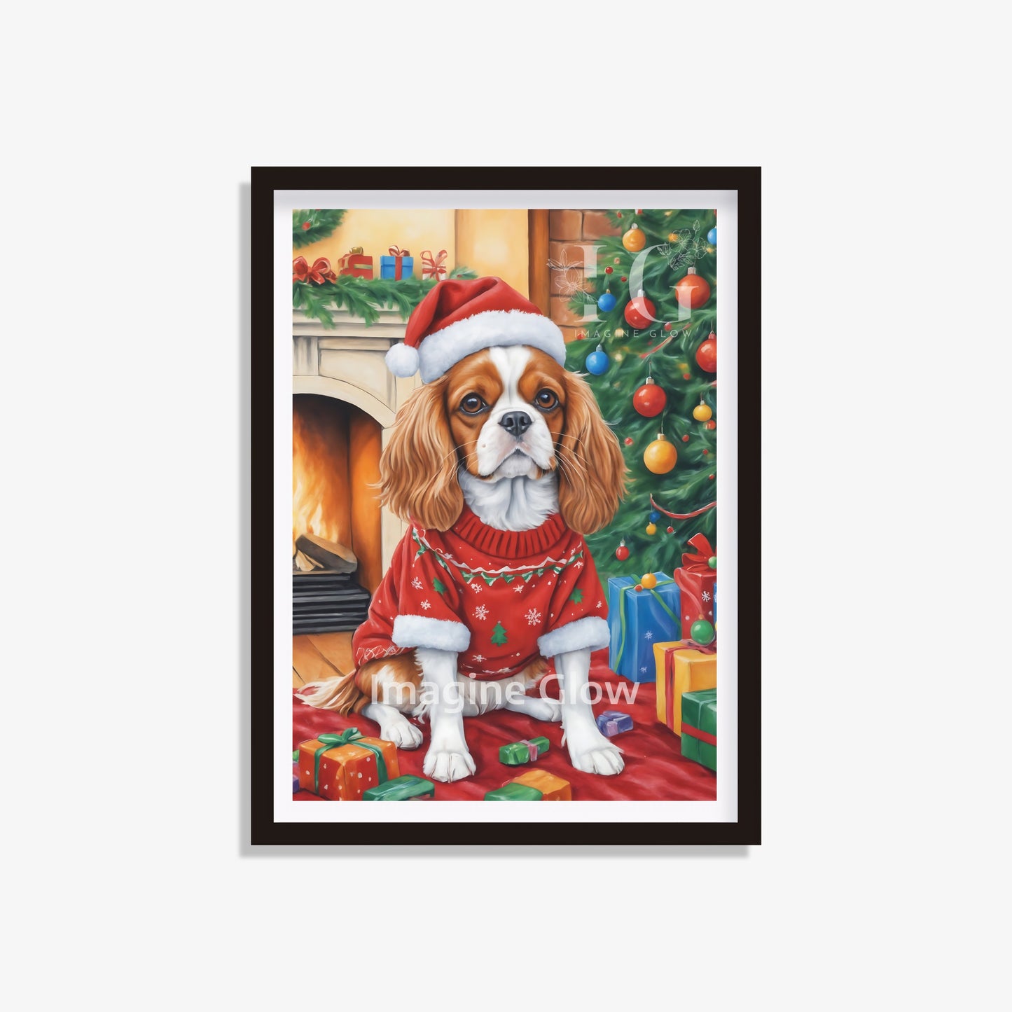 Festive printable wall art featuring a Cavalier King Charles Spaniel Dog in a Christmas setting.