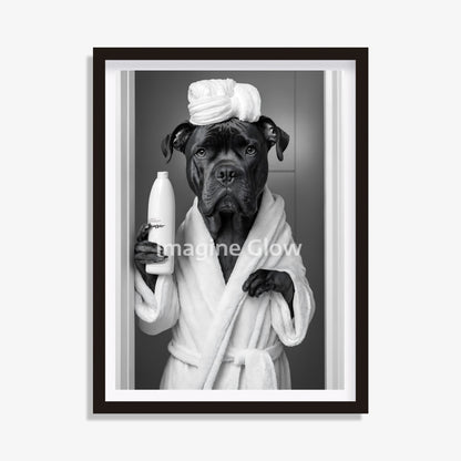 Cane Corso dog in toilet black and white artwork.
Funny bathroom wall decor with Cane Corso dog.
