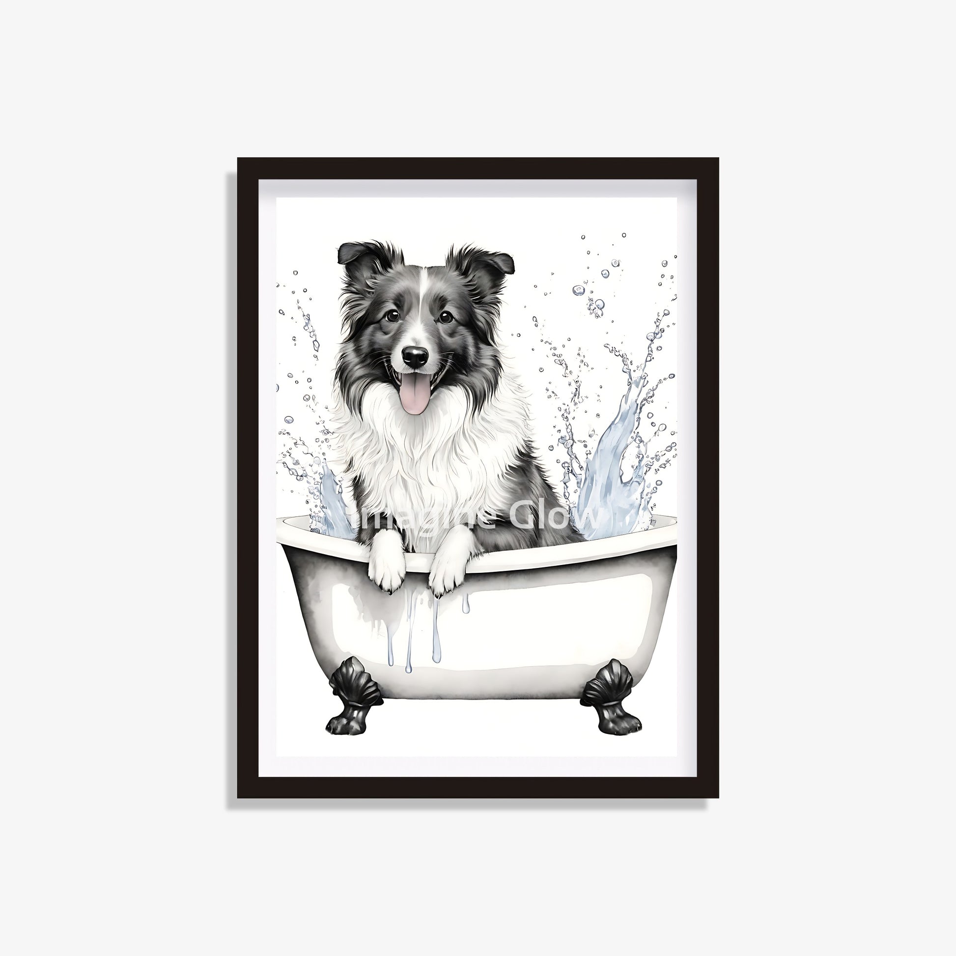 Printable funny bathroom wall decor featuring a Border Collie dog in a bathtub.