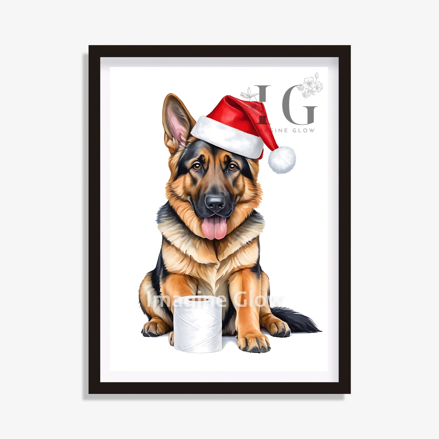 German Shepherd in toilet Christmas printable art for bathroom decor.