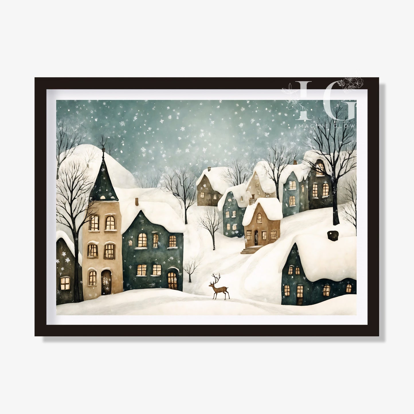 Printable Christmas village art featuring snow-covered houses and winter decorations