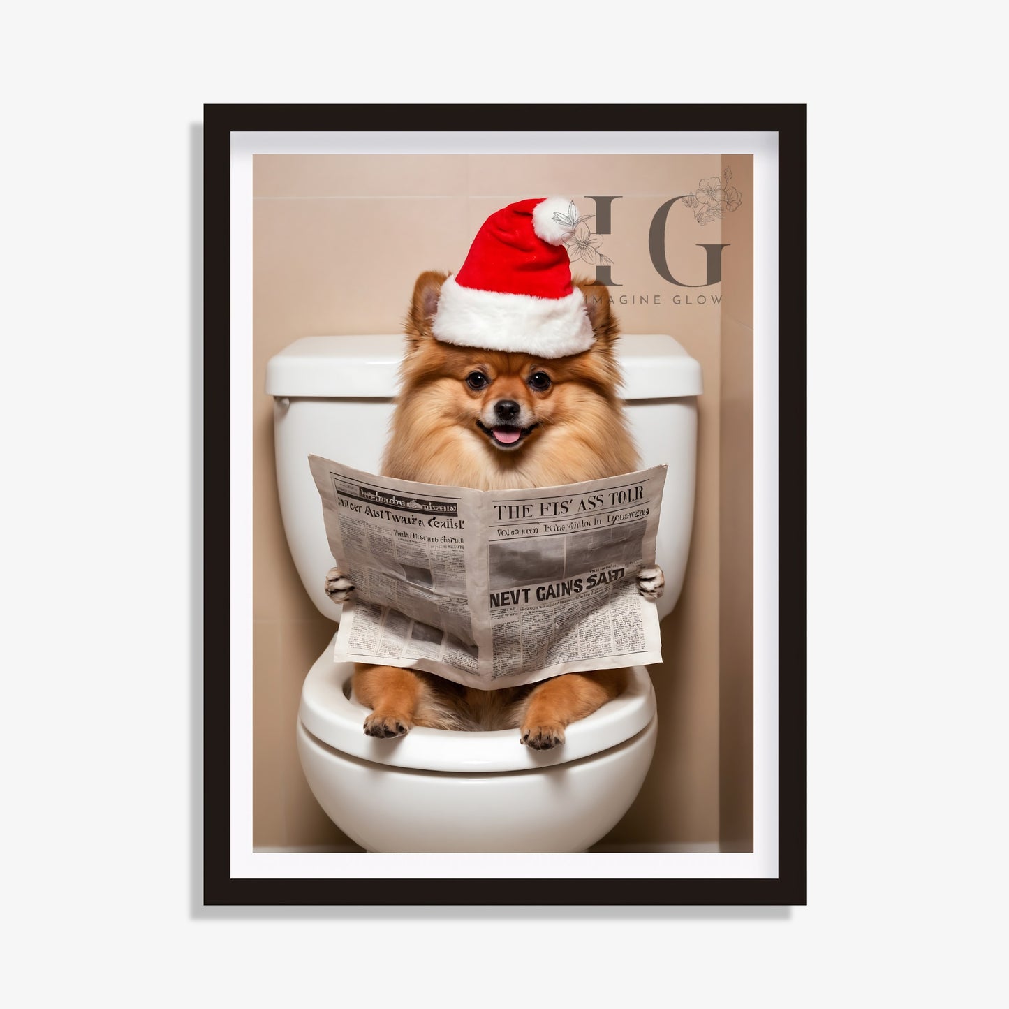 A humorous illustration of a Pomeranian sitting in a toilet, wearing a Christmas hat.