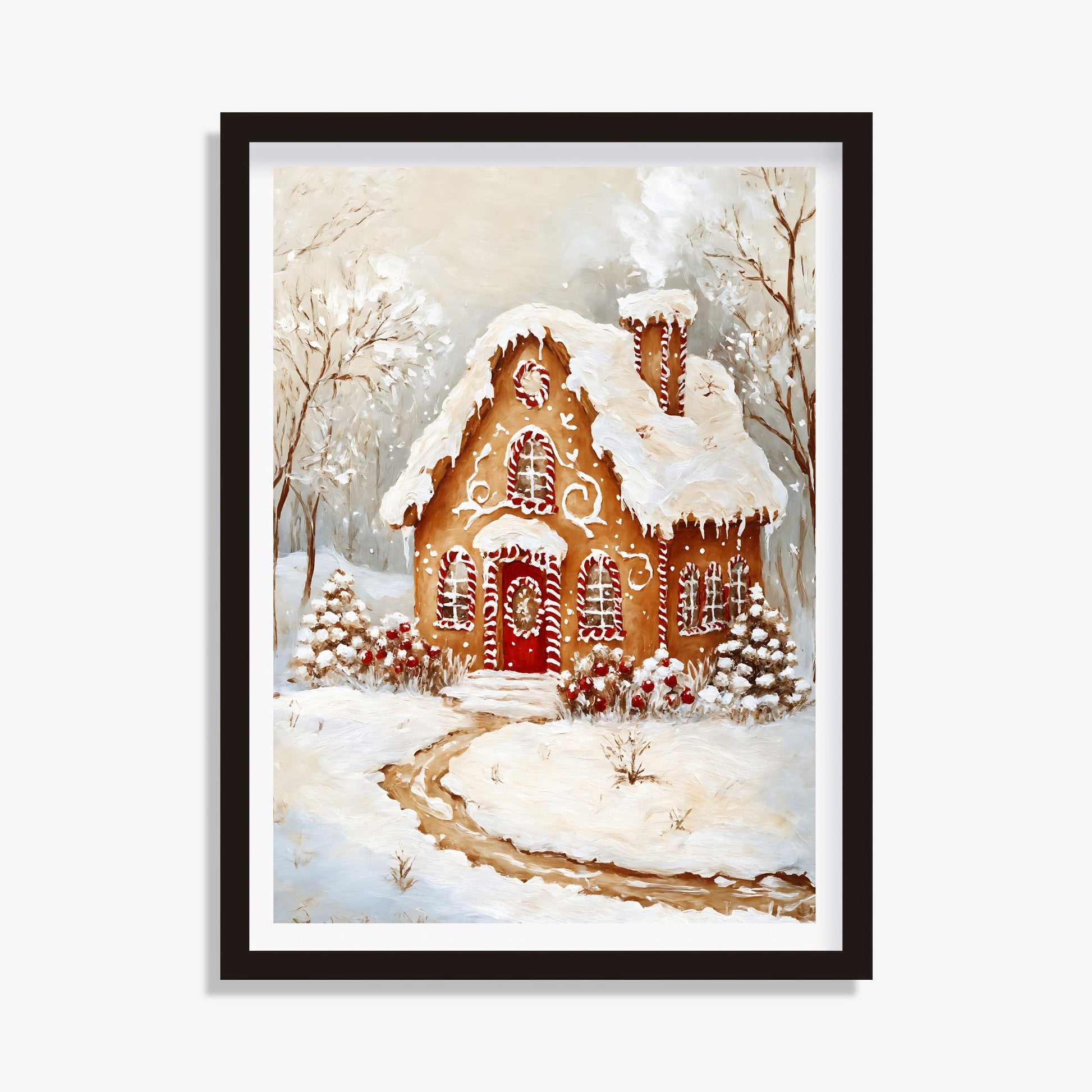 Detailed gingerbread house art surrounded by festive decorations, ideal for holiday wall decor.