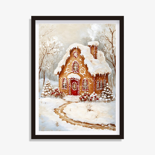 Detailed gingerbread house art surrounded by festive decorations, ideal for holiday wall decor.