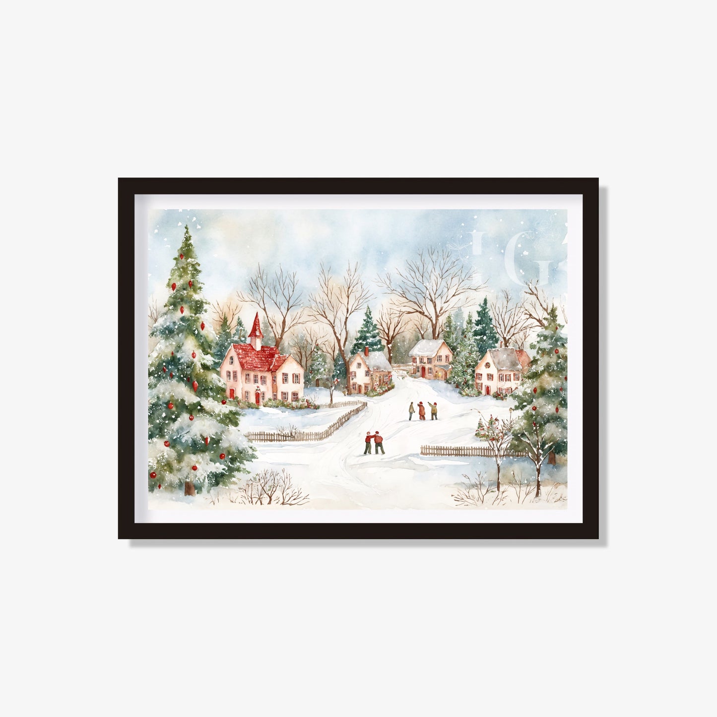 Snowy Christmas village art printable with festive decorations