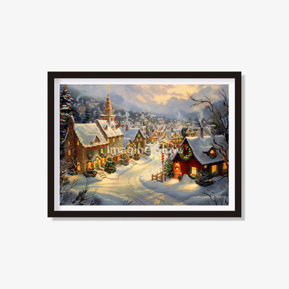 Printable Christmas village art featuring snow-covered houses and holiday lights