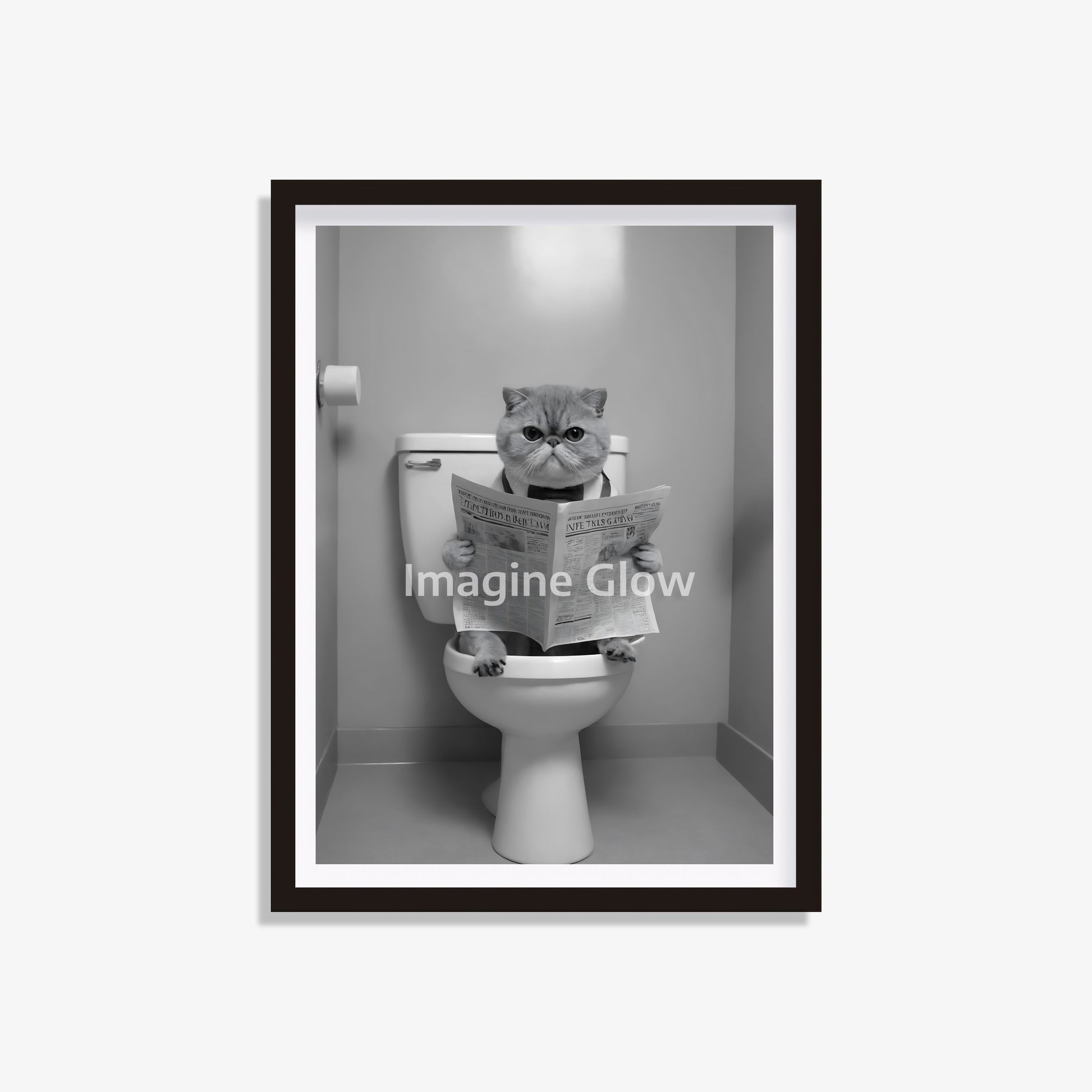 Exotic Shorthair cat reading a newspaper on the toilet, funny bathroom wall art