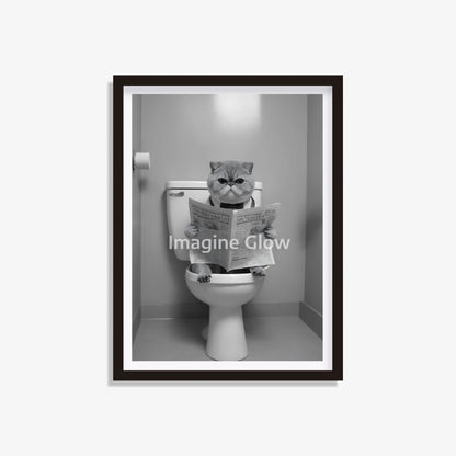 Exotic Shorthair cat reading a newspaper on the toilet, funny bathroom wall art