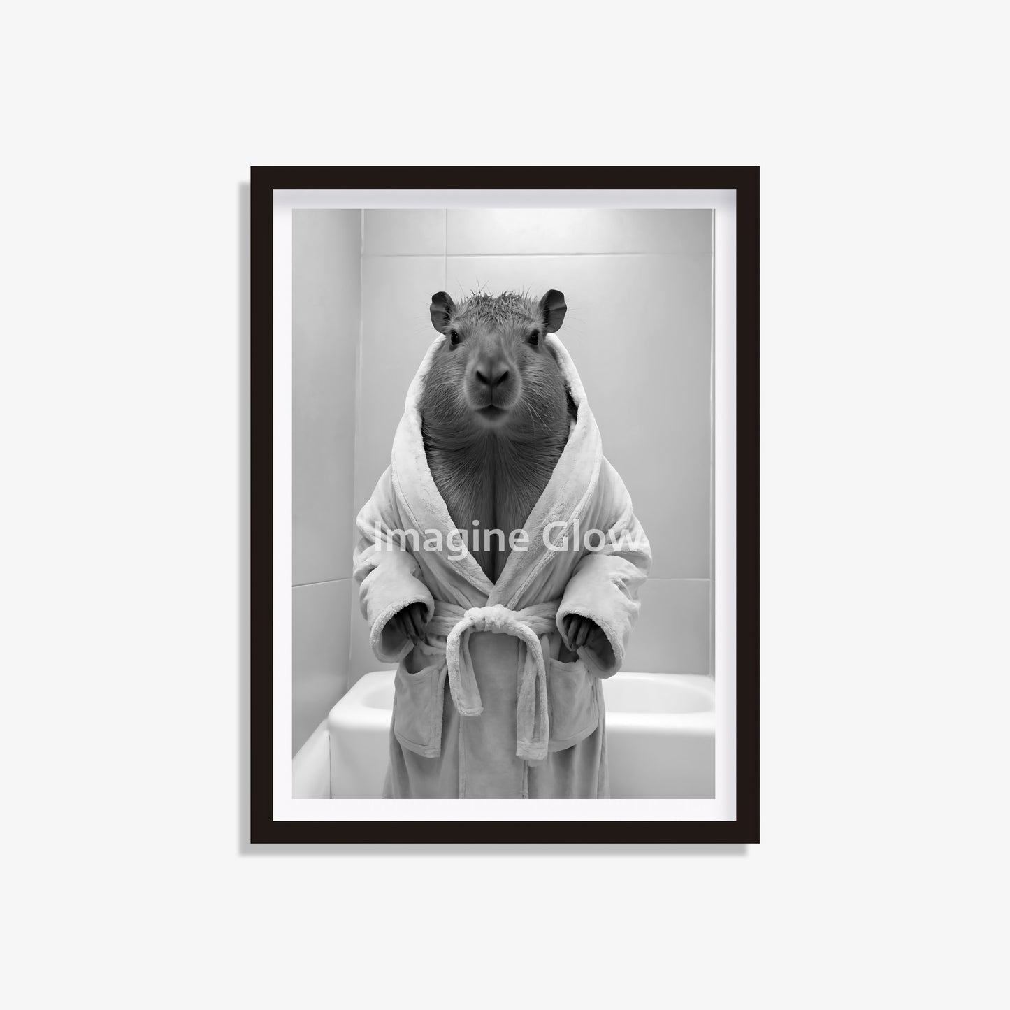 Printable Capybaras in bathrobe wall art for a humorous bathroom decor.