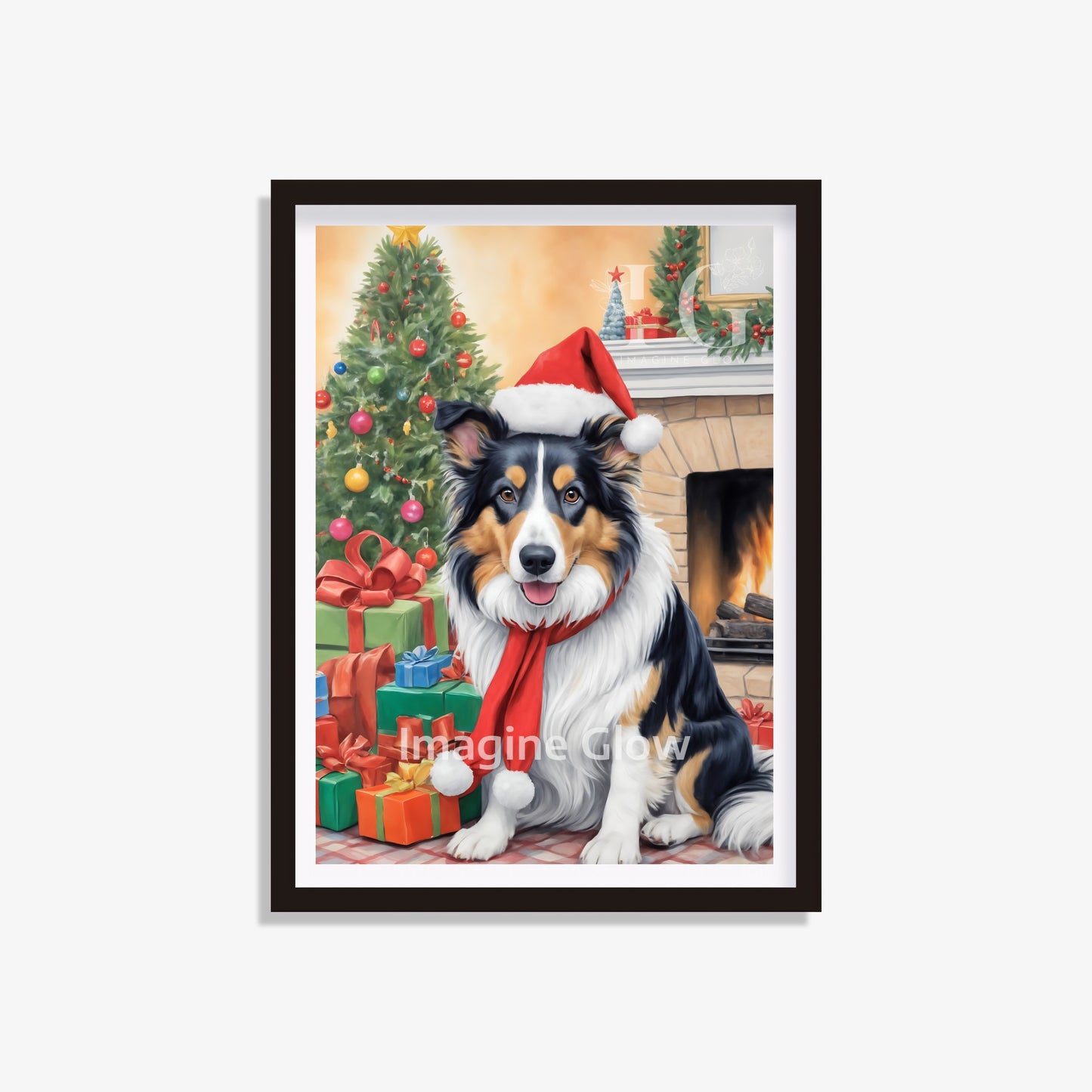 Adorable Christmas artwork showcasing a Collie in a festive setting