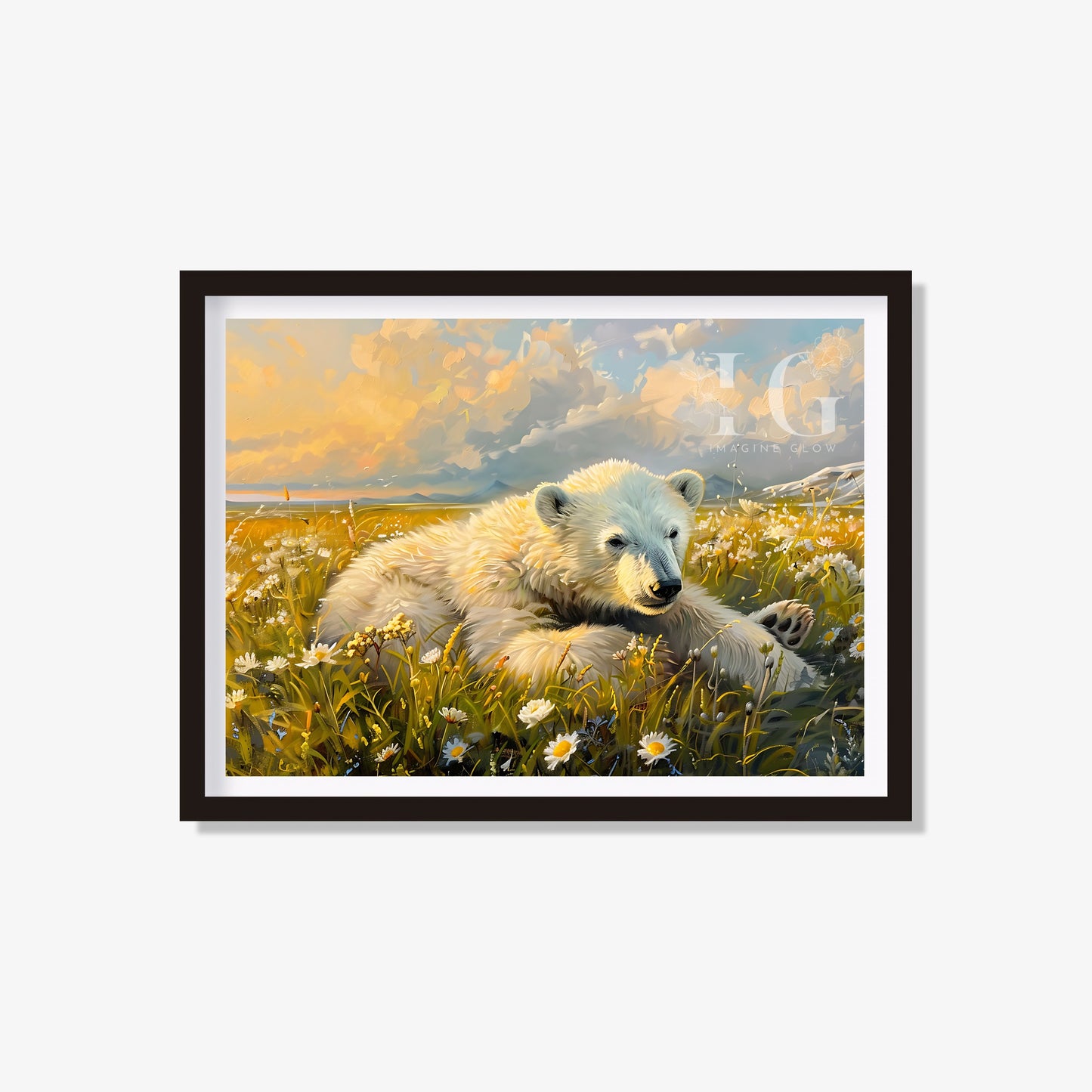 Polar bear in flower fields art print for cheerful wall decor