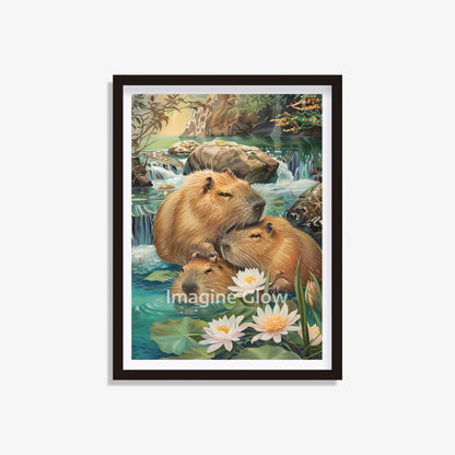 Printable Capybaras in onsen wall art for a serene bathroom decor.