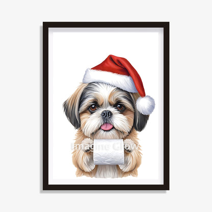 Shih Tzu dog in toilet Christmas printable art for bathroom decor.