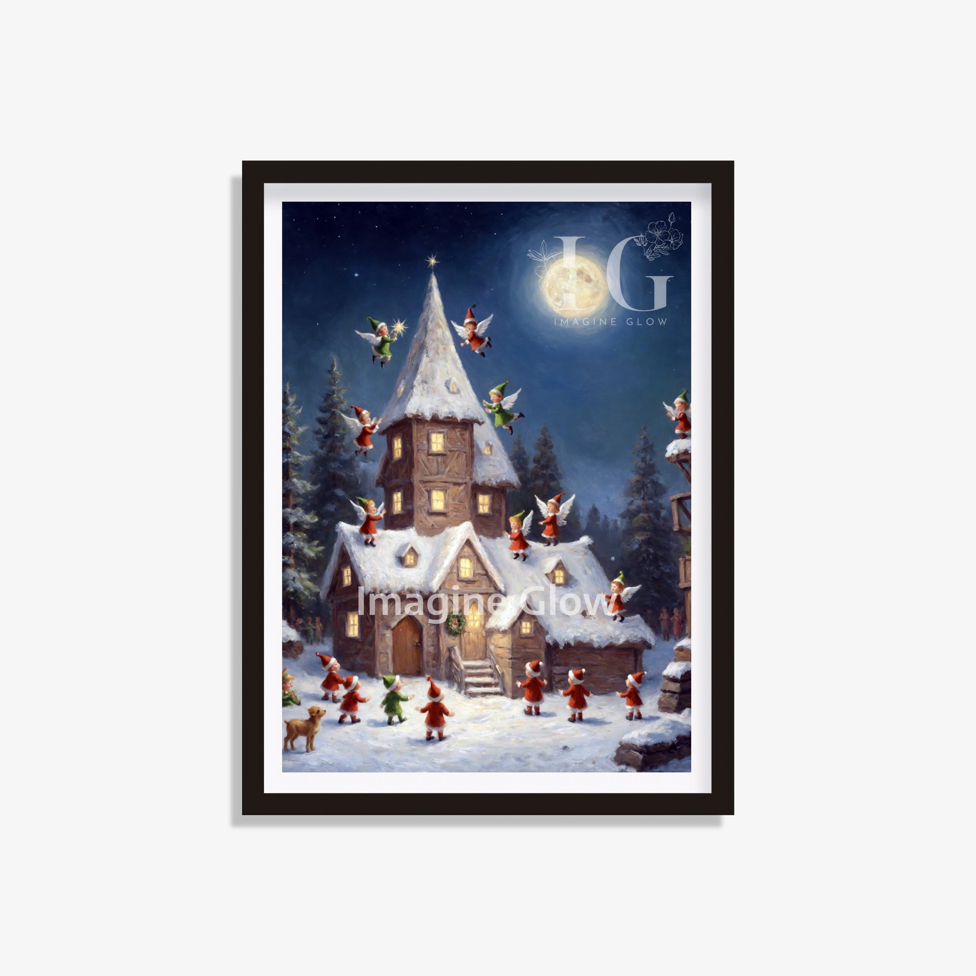 Whimsical print featuring Christmas elves and angels in a festive winter scene.