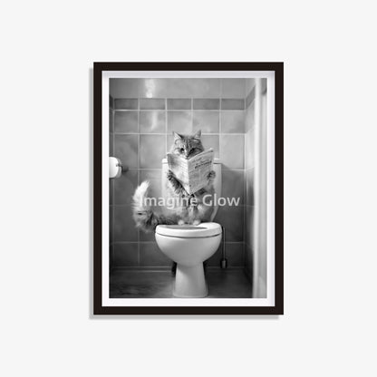 Funny Cat reading newspaper in toilet wall art for a playful bathroom decor.