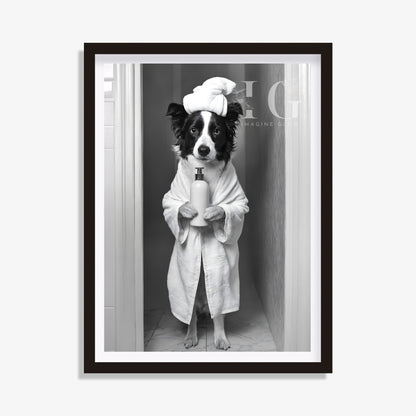 Printable bathroom wall art featuring a Border Collie dog in a bathrobe.