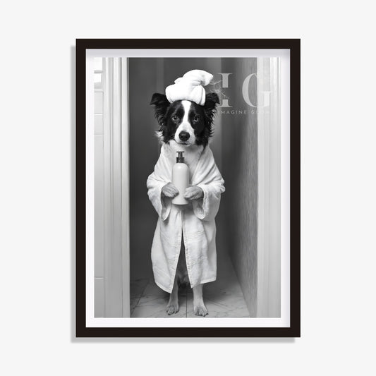 Printable bathroom wall art featuring a Border Collie dog in a bathrobe.