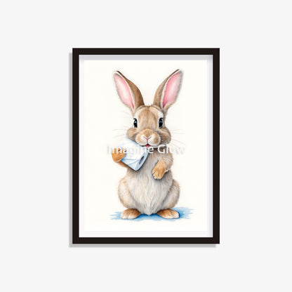 Printable Bunny in toilet wall art adding a humorous touch to bathroom decor.