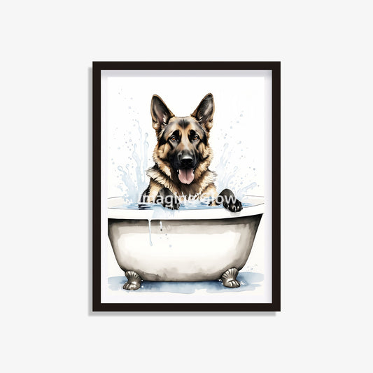 German Shepherd dog in bathtub printable with a cute illustration