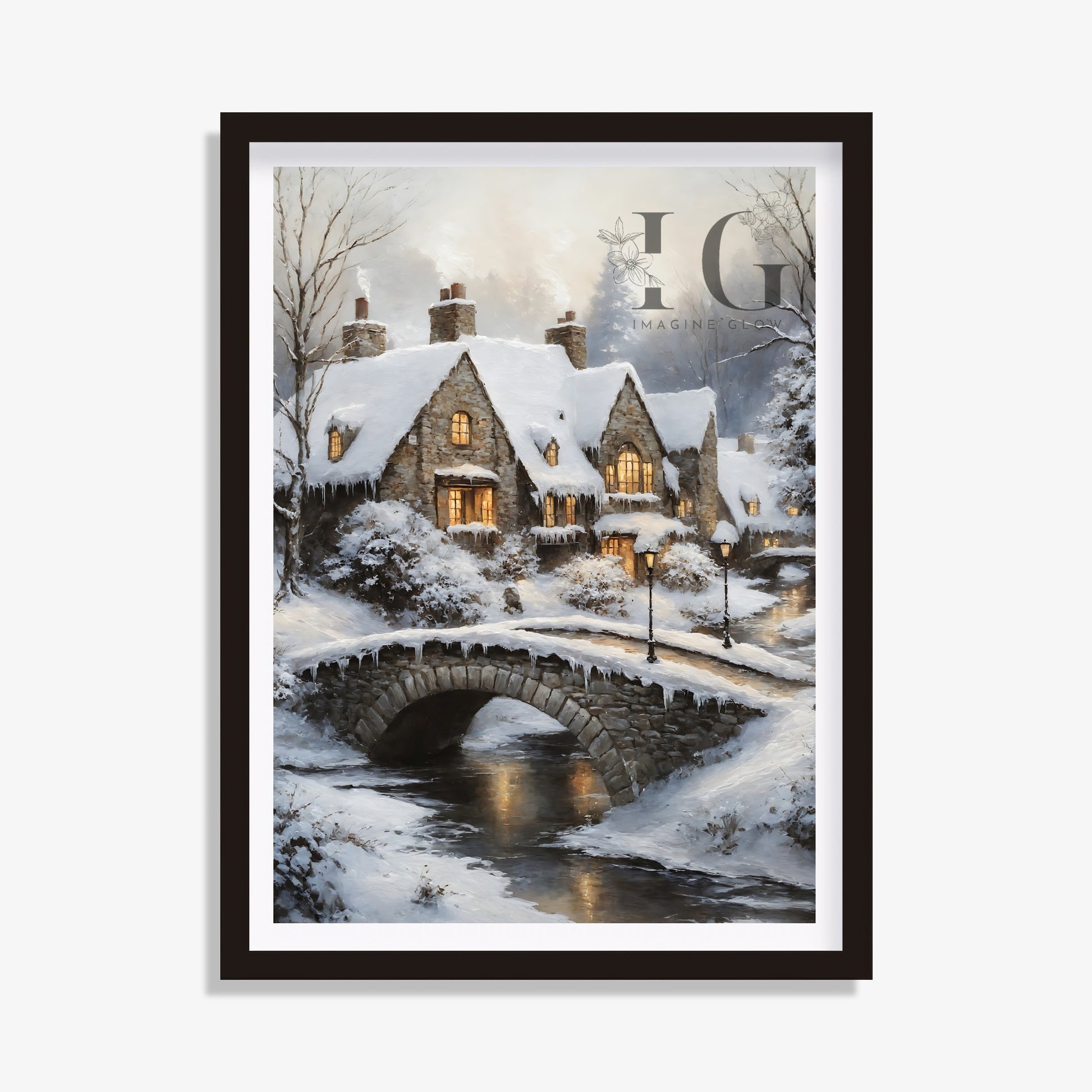 Snow-covered English village scene for cozy holiday decoration