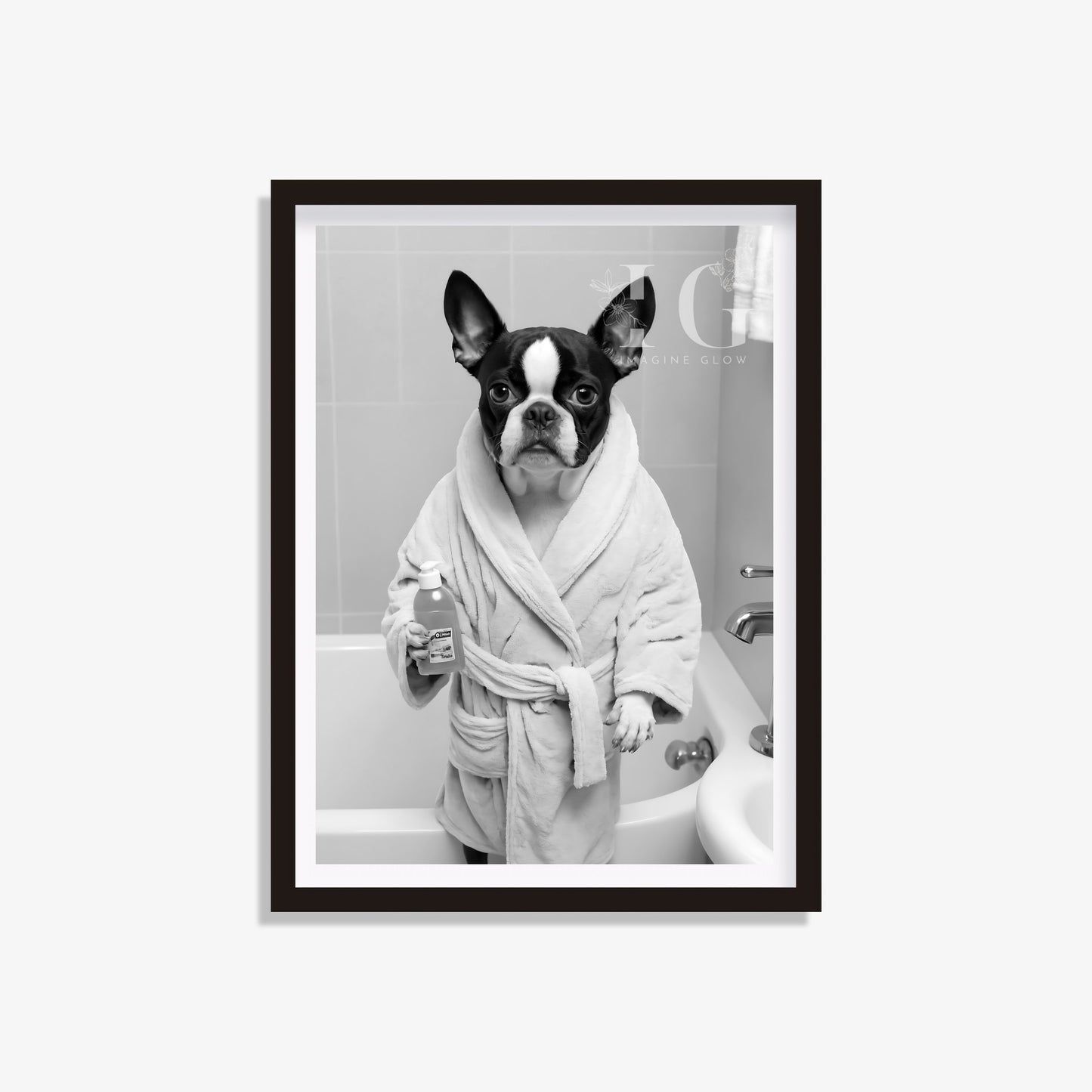 Printable bathroom wall art featuring a Boston Terrier dog in a bathrobe.