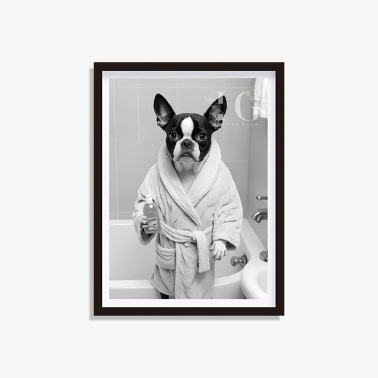 Printable bathroom wall art featuring a Boston Terrier dog in a bathrobe.