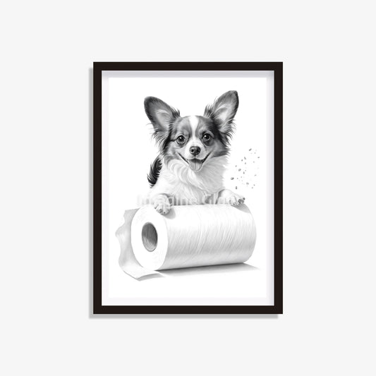 Papillon dog in toilet printable with a funny dog illustration