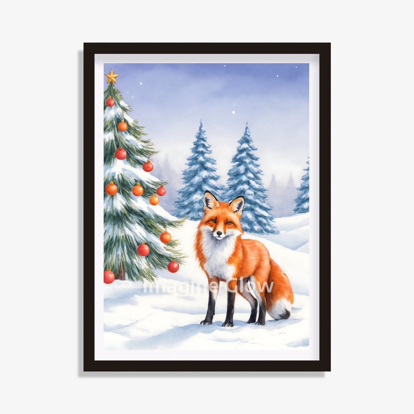 Festive fox in a snowy scene, perfect for Christmas animal decor and winter wall art.