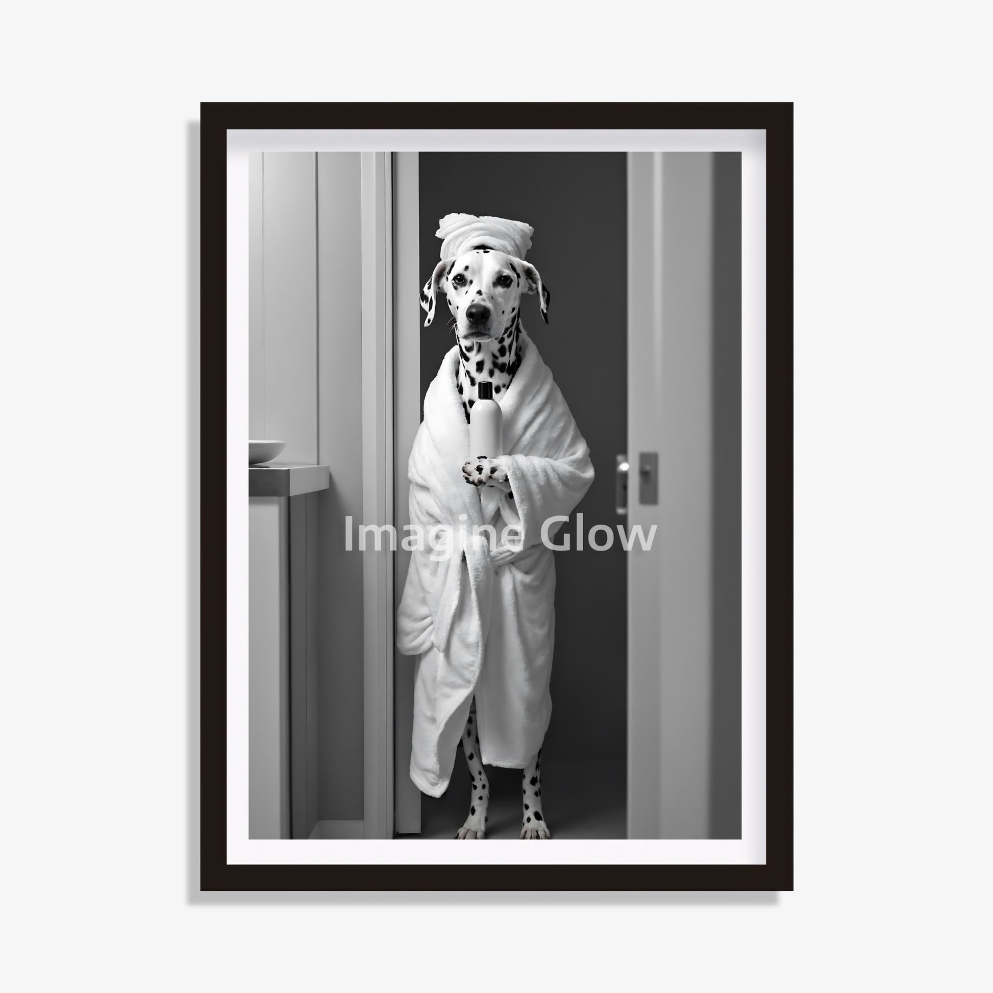 Dalmatian dog in toilet black and white artwork.
Humorous Dalmatian bathroom decor printable
