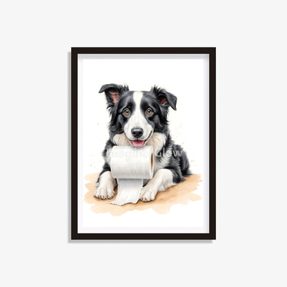 Printable funny bathroom wall decor featuring a Border Collie dog in the toilet.