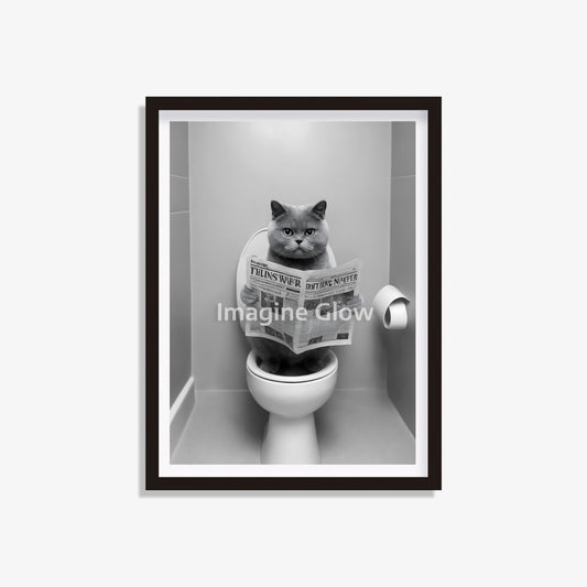 Charming bathroom wall art with a British Shorthair cat engrossed in a newspaper in the toilet.