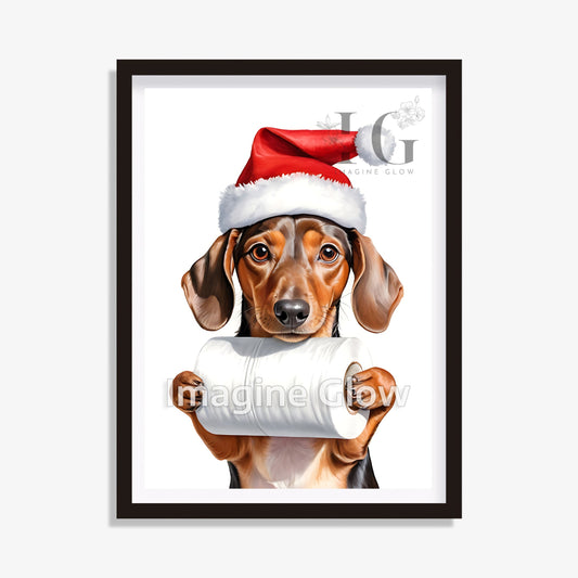 Dachshund in toilet Christmas printable art for festive bathroom decor.