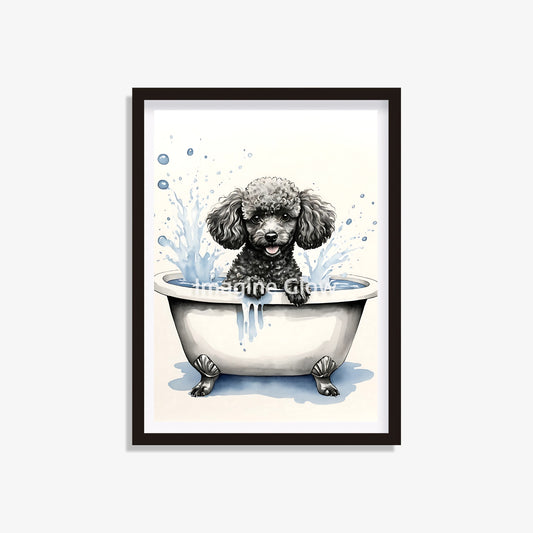 Poodle dog sitting in a vintage bathtub, bathroom wall art decor