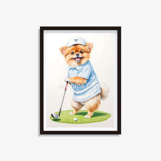 Adorable Pomeranian dog in a golf-themed artwork