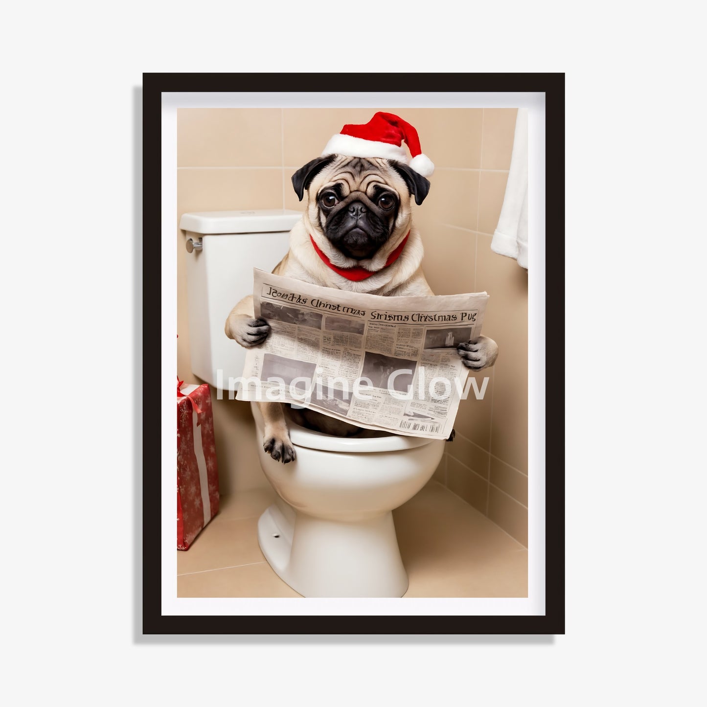 Pug dog in toilet Christmas printable wall art for festive bathroom decor.