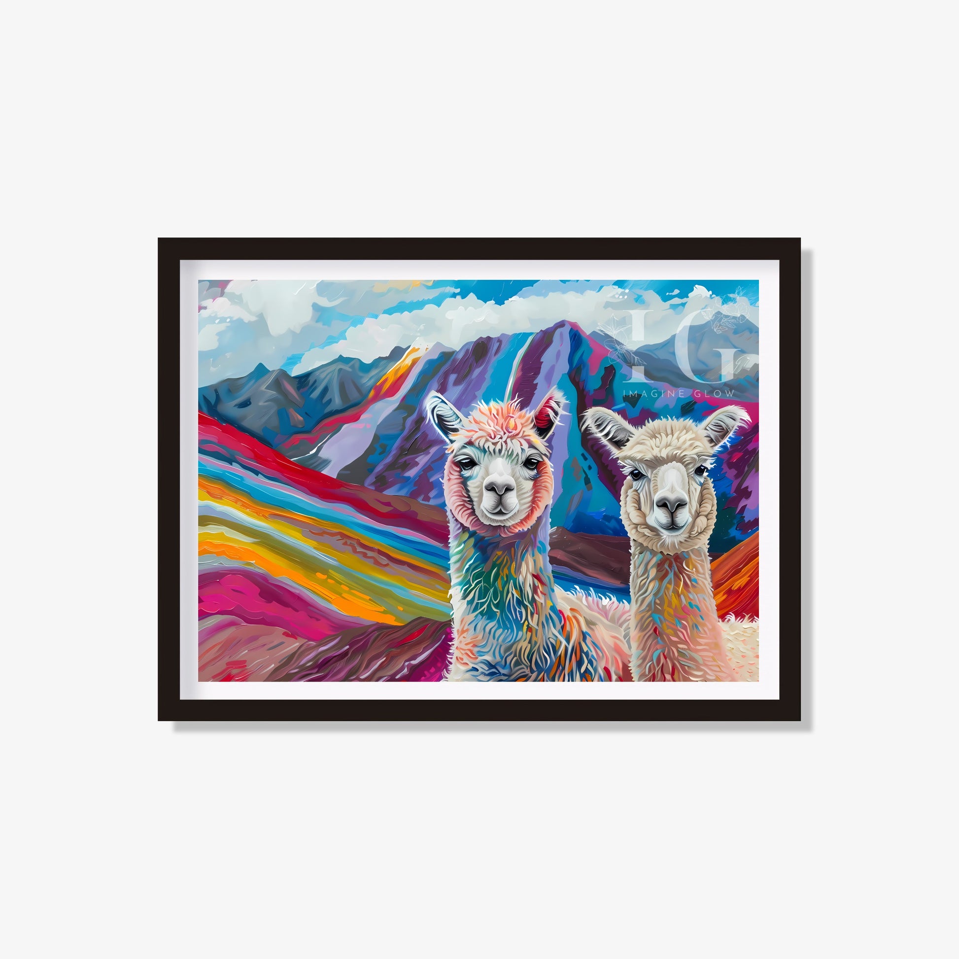 Alpacas in Palcoyo Rainbow Mountain, vibrant printable wall art.