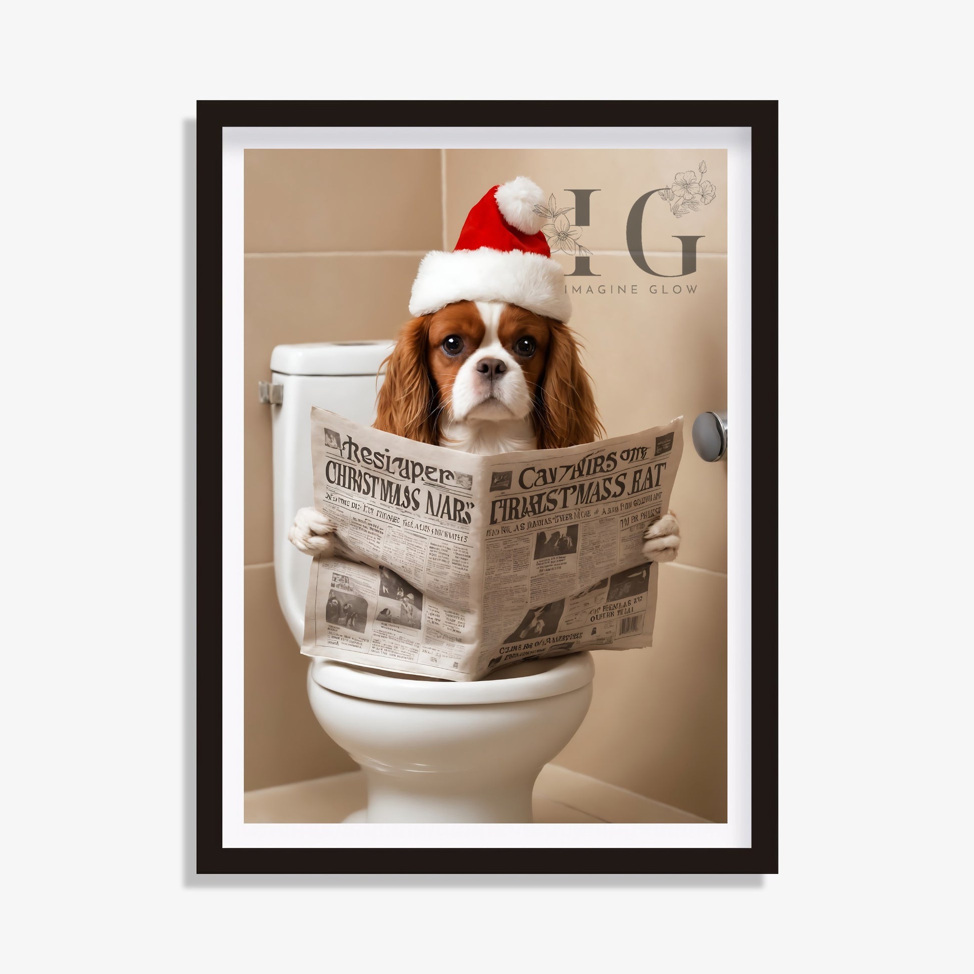 Christmas Bathroom Print featuring a Cavalier King Charles Spaniel in a toilet.