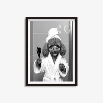 Poodle dog in a bathrobe, stylish bathroom wall art