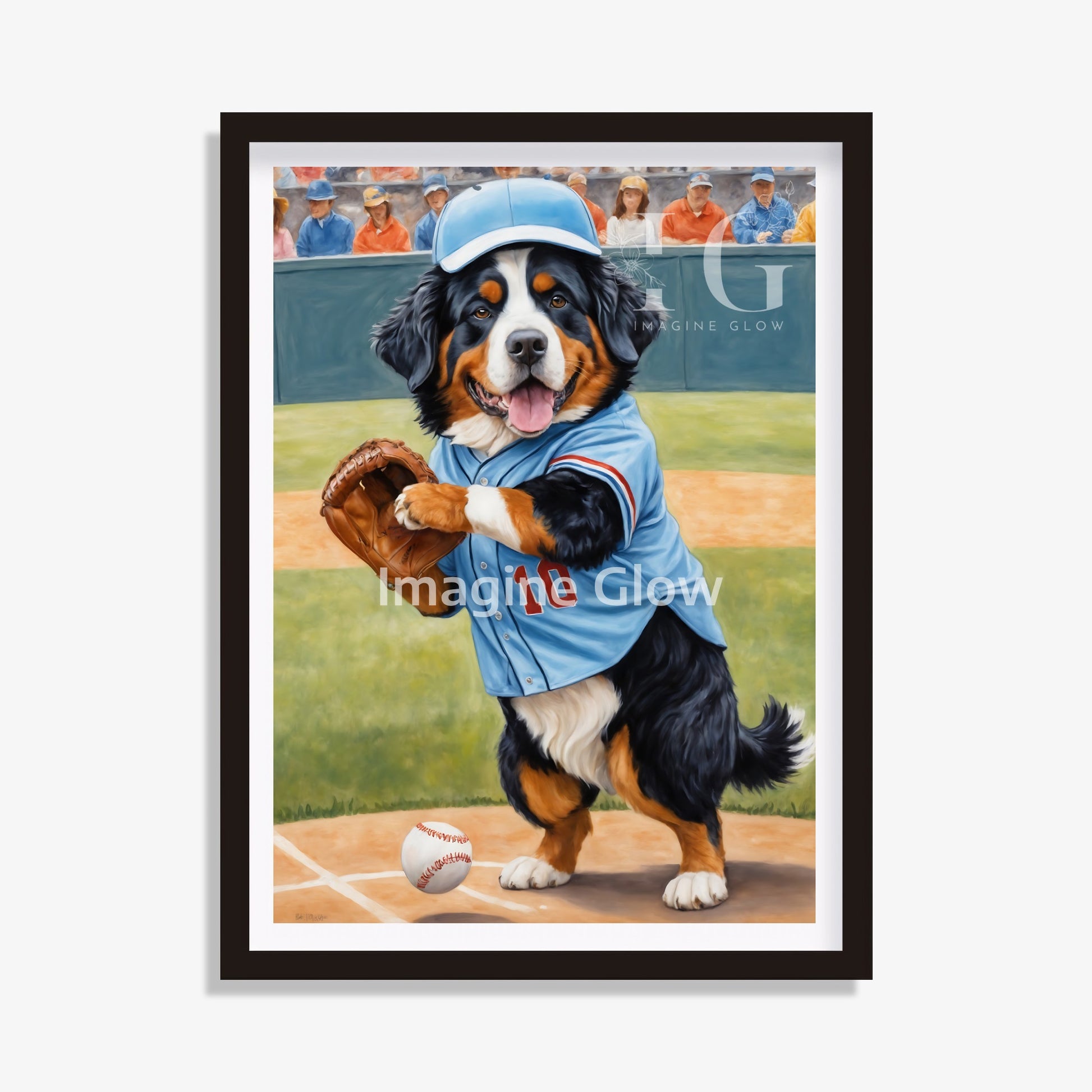 Baseball art print featuring a Bernese Mountain Dog in sports attire.