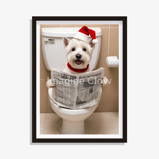 A humorous illustration of a West Highland Terrier sitting in a toilet, wearing a Christmas hat.