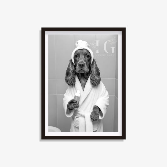 Printable wall art featuring a Cocker Spaniel dog in a bathrobe