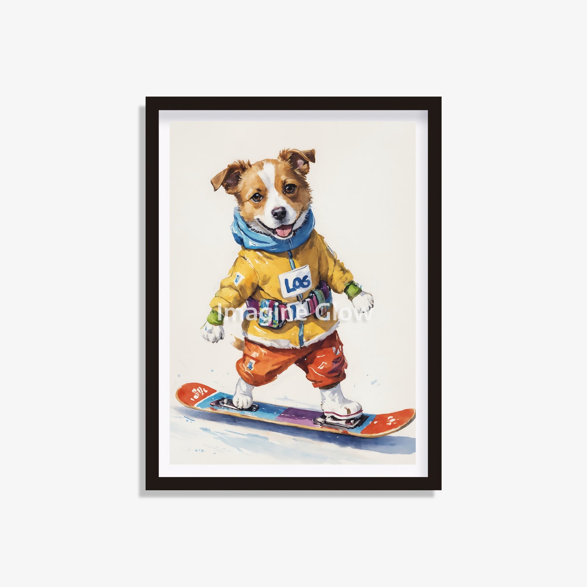 Humorous illustration of a dog on a snowboard