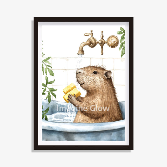 Unique Capybaras in bathtub art print, adding a cheerful and relaxing element to bathroom decor.