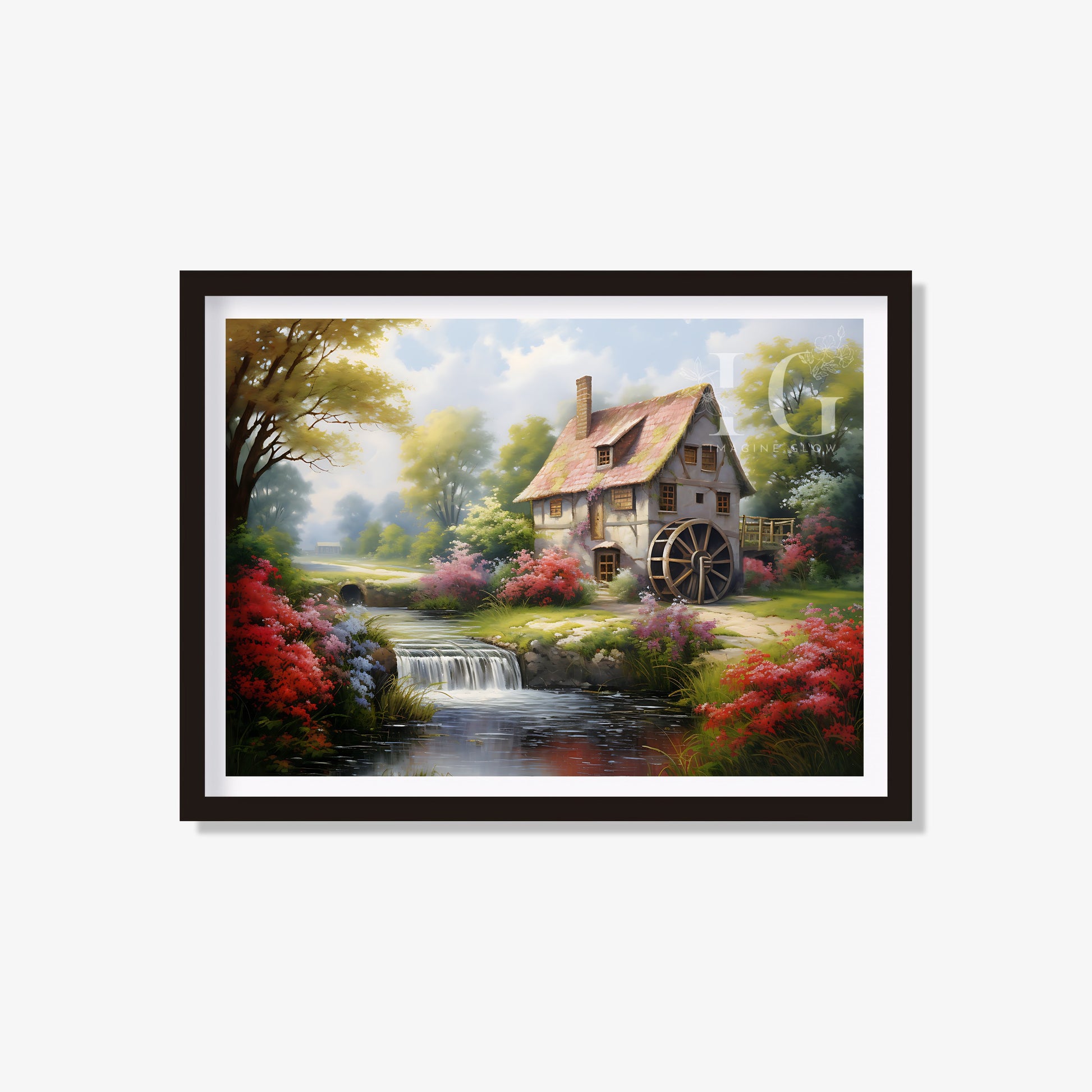 Printable watermill art featuring a scenic water wheel